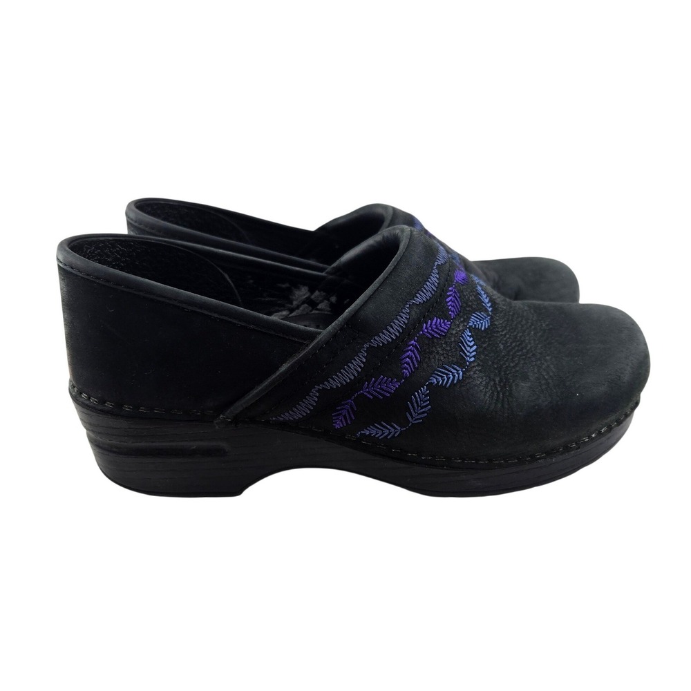 Dansko Professional Black Nubuck Purple Blue Embroidered Clogs EU‎ 40 US 9.5-10